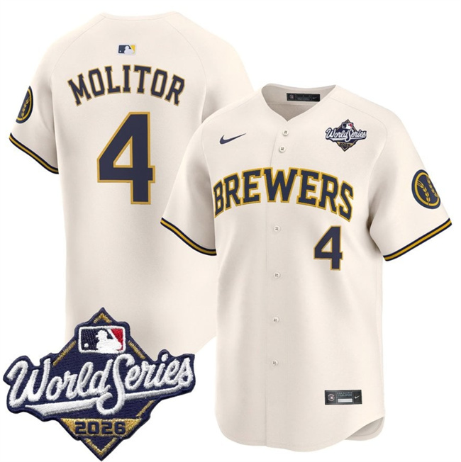 Milwaukee Brewers #4 Paul Molitor Cream 2026 World Series Limited Stitched Baseball Jersey Milwaukee Brewers #4 Paul Molitor Cream 2026 World Series Limited Stitched Baseball Jersey