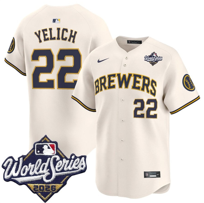 Milwaukee Brewers #22 Christian Yelich Cream 2026 World Series Limited Stitched Baseball Jersey Milwaukee Brewers #22 Christian Yelich Cream 2026 World Series Limited Stitched Baseball Jersey
