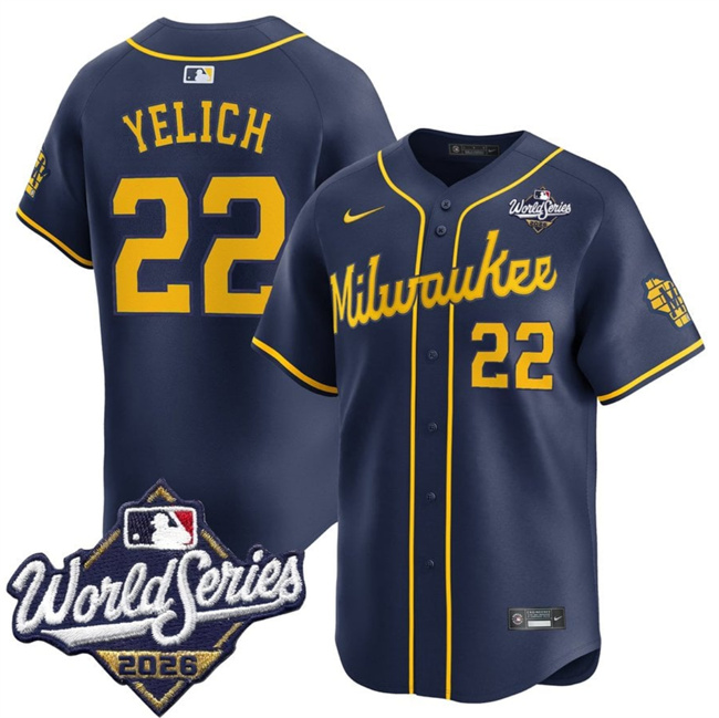 Milwaukee Brewers #22 Christian Yelich Navy 2026 World Series Alternate Limited Stitched Baseball Jersey Milwaukee Brewers #22 Christian Yelich Navy 2026 World Series Alternate Limited Stitched Baseball Jersey