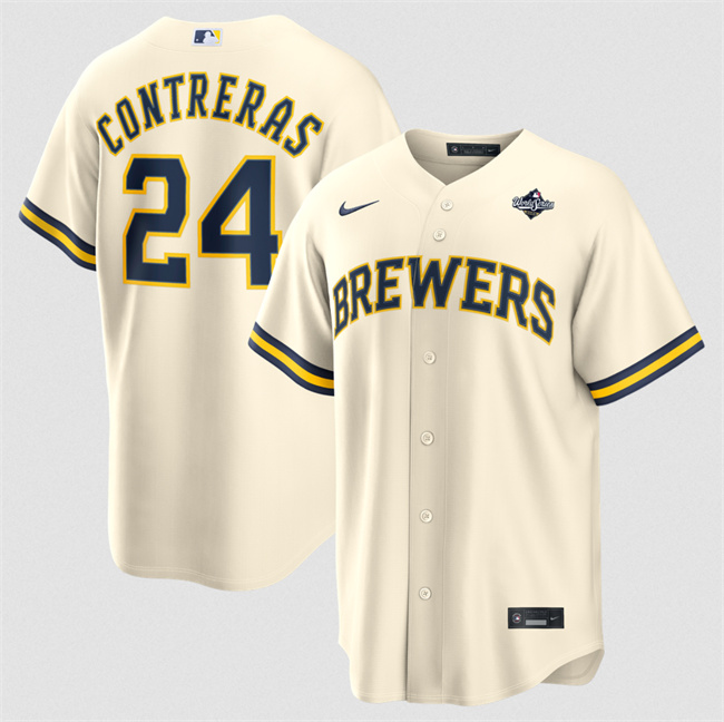 Milwaukee Brewers #24 William Contreras Cream 2026 World Series Cool Base Stitched Baseball Jersey Milwaukee Brewers #24 William Contreras Cream 2026 World Series Cool Base Stitched Baseball Jersey