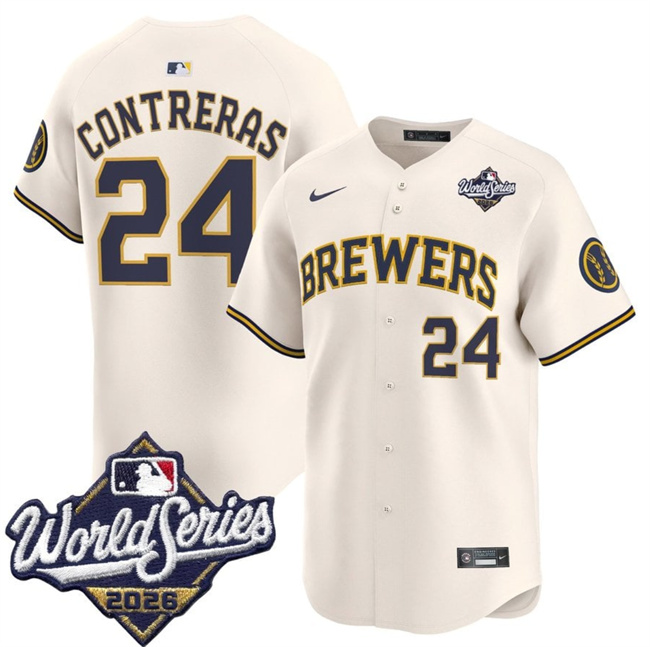 Milwaukee Brewers #24 William Contreras Cream 2026 World Series Limited Stitched Baseball Jersey Milwaukee Brewers #24 William Contreras Cream 2026 World Series Limited Stitched Baseball Jersey