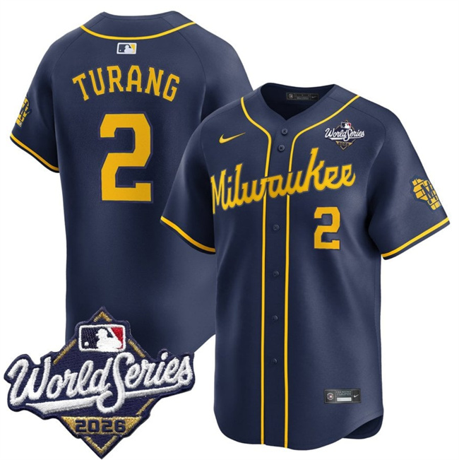 Milwaukee Brewers #2 Brice Turang Navy 2026 World Series Alternate Limited Stitched Baseball Jersey Milwaukee Brewers #2 Brice Turang Navy 2026 World Series Alternate Limited Stitched Baseball Jersey