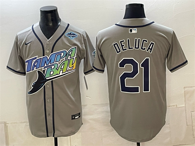 Tampa Bay Rays #21 Jonny DeLuca Gray 2026 AL East Champions Patch Vapor Limited Stitched Baseball Jersey Tampa Bay Rays #21 Jonny DeLuca Gray 2026 AL East Champions Patch Vapor Limited Stitched Baseball Jersey
