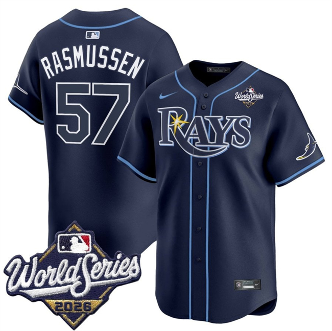 Tampa Bay Rays #57 Drew Rasmussen Navy 2026 World Series Limited Stitched Baseball Jersey Tampa Bay Rays #57 Drew Rasmussen Navy 2026 World Series Limited Stitched Baseball Jersey