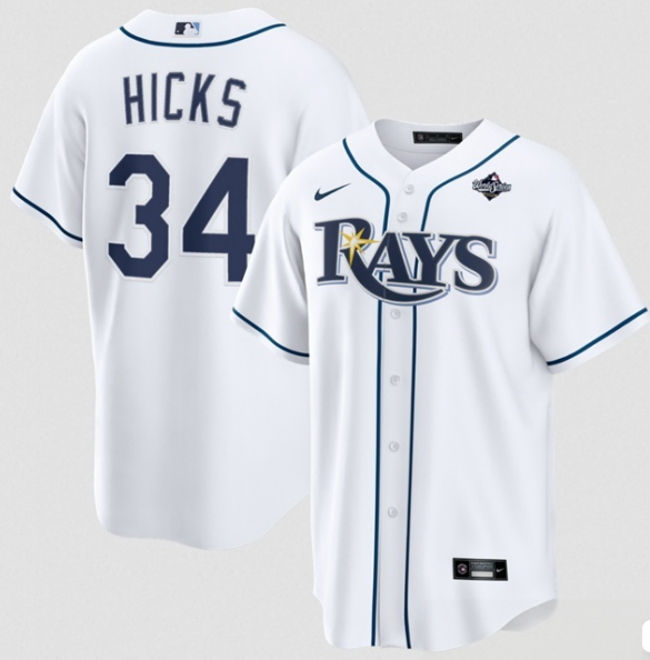 Tampa Bay Rays #34 Liam Hicks White 2026 World Series Home Cool Base Stitched Baseball Jersey Tampa Bay Rays #34 Liam Hicks White 2026 World Series Home Cool Base Stitched Baseball Jersey