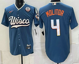 Milwaukee Brewers #4 Paul Molitor Blue With 54 Seasons Patch 2026 City Connect Stadium Jersey