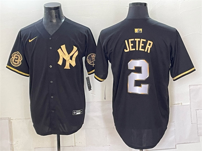 New York Yankees #2 Derek Jeter Black Gold With Patch Limited Stitched Baseball Jersey New York Yankees #2 Derek Jeter Black Gold With Patch Limited Stitched Baseball Jersey