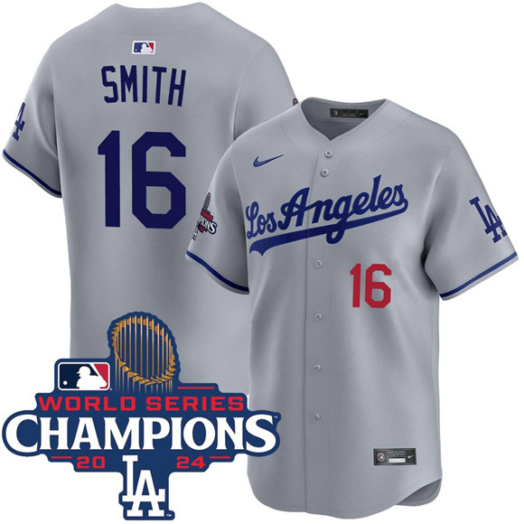 Los Angeles Dodgers #16 Will Smith Gray 2024 World Series Champions Patch Limited Stitched Baseball Jersey Los Angeles Dodgers #16 Will Smith Gray 2024 World Series Champions Patch Limited Stitched Baseball Jersey