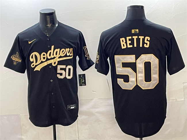 Los Angeles Dodgers #50 Mookie Betts Black Gold 2025 World Series Champions Patch Limited Stitched Baseball Jersey