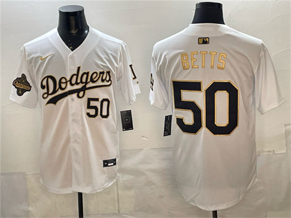 Los Angeles Dodgers #50 Mookie Betts White Gold 2025 World Series Champions Patch Limited Stitched Baseball Jersey