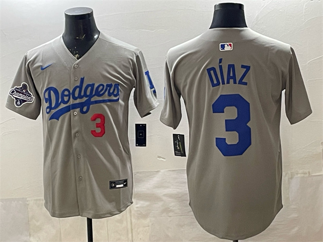 Los Angeles Dodgers #3 Edwin D??az Grey With 2025 World Series Champions Patch Limited Stitched Baseball Jersey Los Angeles Dodgers #3 Edwin D??az Grey With 2025 World Series Champions Patch Limited Stitched Baseball Jersey