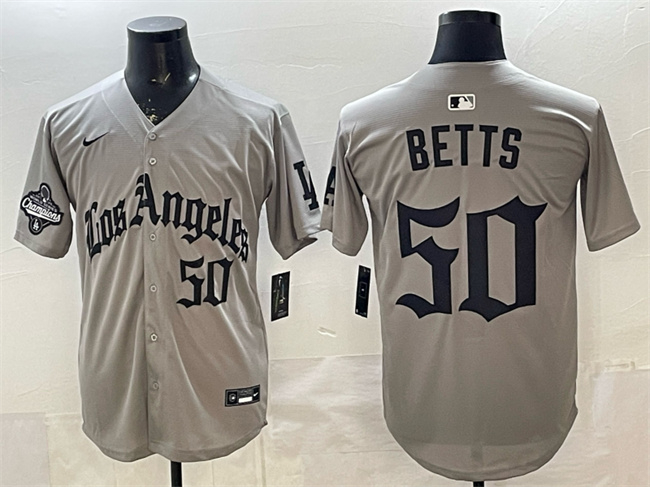 Los Angeles Dodgers #50 Mookie Betts Grey LA Gothic Style With 2025 World Series Champions Patch Limited Stitched Baseball Jersey