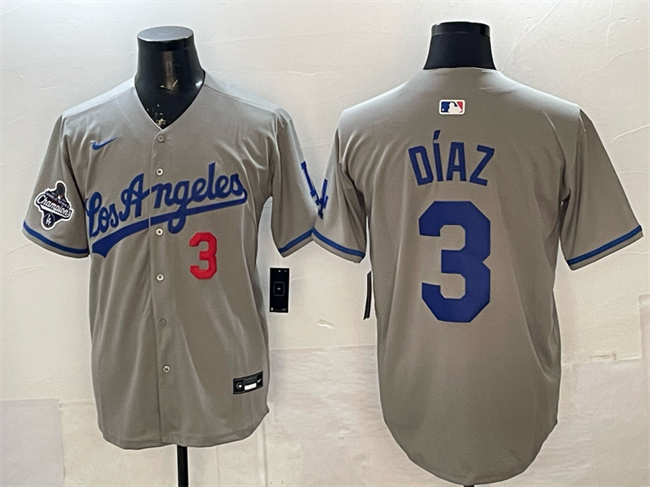 Los Angeles Dodgers #3 Edwin D??az Grey With 2025 World Series Champions Patch Limited Stitched Baseball Jersey Los Angeles Dodgers #3 Edwin D??az Grey With 2025 World Series Champions Patch Limited Stitched Baseball Jersey