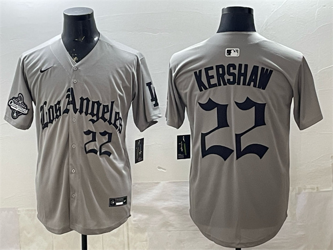 Los Angeles Dodgers #22 Clayton Kershaw Grey LA Gothic Style With 2025 World Series Champions Patch Limited Stitched Baseball Jersey