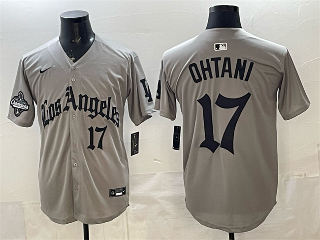 Los Angeles Dodgers #17 Shohei Ohtani Grey LA Gothic Style With 2025 World Series Champions Patch Limited Stitched Baseball Jersey Los Angeles Dodgers #17 Shohei Ohtani Grey LA Gothic Style With 2025 World Series Champions Patch Limited Stitched Baseball Jersey