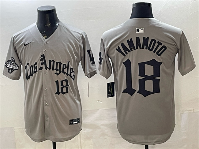 Los Angeles Dodgers #18 Yoshinobu Yamamoto Grey LA Gothic Style With 2025 World Series Champions Patch Limited Stitched Baseball Jersey