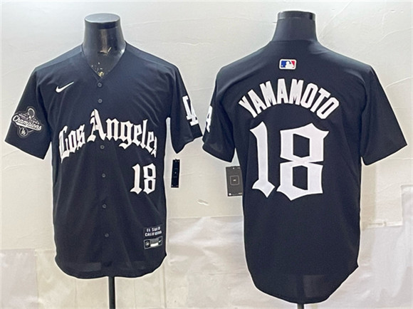 Los Angeles Dodgers #18 Yoshinobu Yamamoto Black LA Gothic Style With 2025 World Series Champions Patch Limited Stitched Baseball Jersey