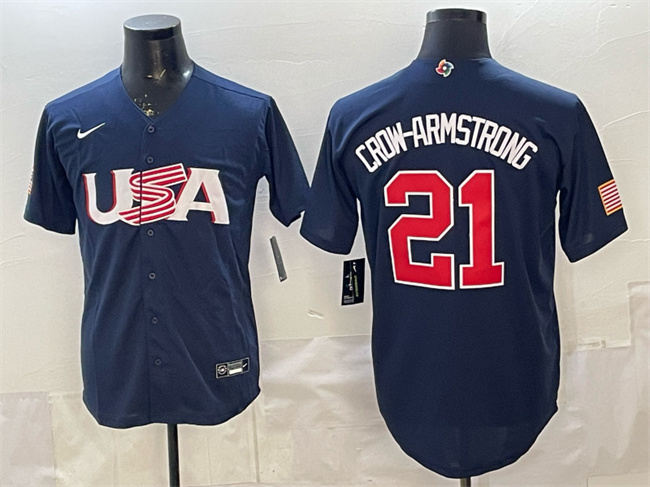 USA Baseball #21 Pete Crow-Armstrong Navy World Baseball Classic Stitched Jersey USA Baseball #21 Pete Crow-Armstrong Navy World Baseball Classic Stitched Jersey