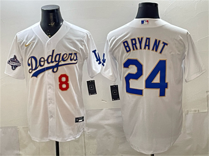 Los Angeles Dodgers Front #8 Back #24 Kobe Bryant White Gold With 2025 World Series Champions Patch Stitched Baseball Jersey