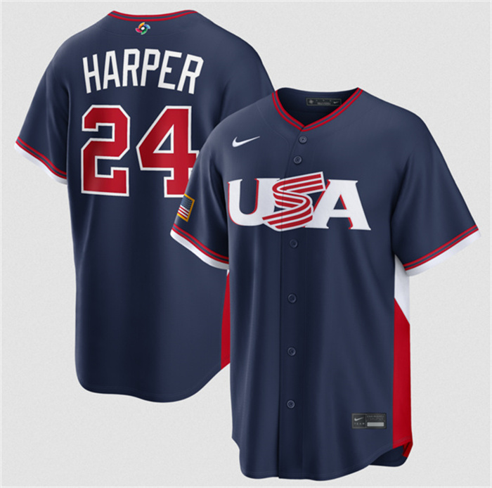 USA Baseball #24 Bryce Harper Navy 2026 World Baseball Classic Road Stadium Stitched Jersey USA Baseball #24 Bryce Harper Navy 2026 World Baseball Classic Road Stadium Stitched Jersey