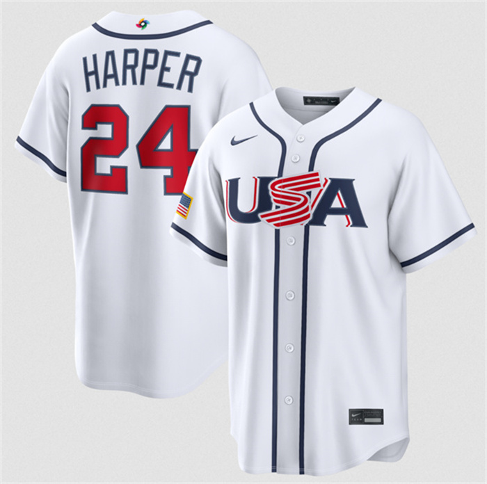 USA Baseball #24 Bryce Harper White 2026 World Baseball Classic Home Stadium Stitched Jersey USA Baseball #24 Bryce Harper White 2026 World Baseball Classic Home Stadium Stitched Jersey
