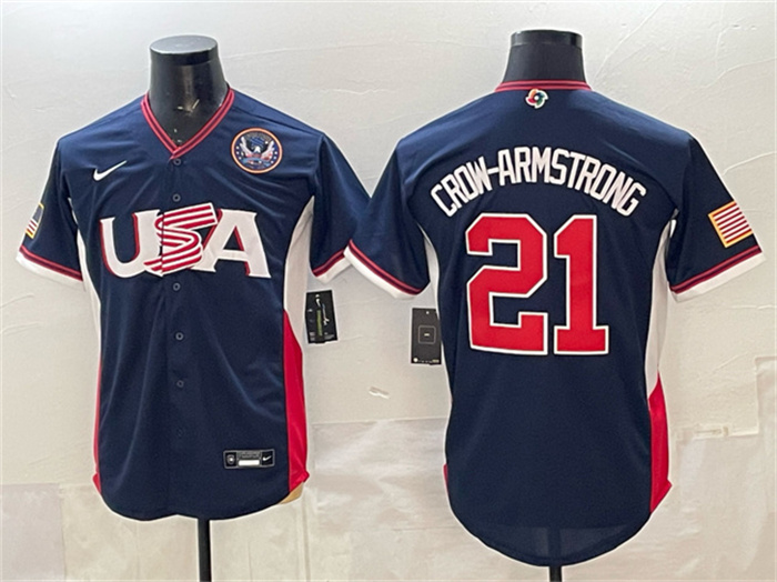 USA Baseball #21 Crow-Armstrong Navy 2026 World Baseball Classic United States 250th Anniversary Patch Road Stadium Stitched Jersey USA Baseball #21 Crow-Armstrong Navy 2026 World Baseball Classic United States 250th Anniversary Patch Road Stadium Stitched Jersey