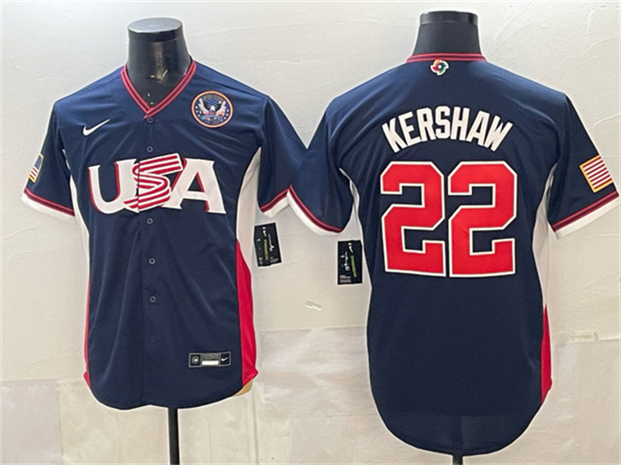 USA Baseball #22 Clayton Kershaw Navy 2026 World Baseball Classic United States 250th Anniversary Patch Road Stadium Stitched Jersey USA Baseball #22 Clayton Kershaw Navy 2026 World Baseball Classic United States 250th Anniversary Patch Road Stadium Stitched Jersey