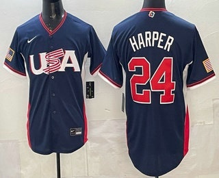 USA #24 Bryce Harper Navy 2026 World Baseball Classic Cool Base Jersey