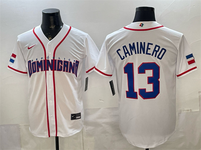 Dominican Republic Baseball #13 Junior Caminero White 2026 World Baseball Classic Home Stadium Stitched Jersey