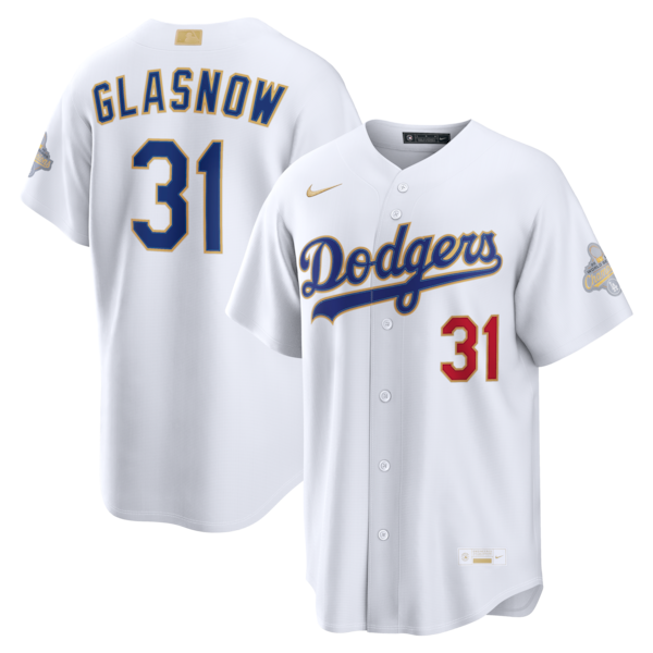 Los Angeles Dodgers #31 Tyler Glasnow Nike White 2026 Gold Collection Stadium Jersey Los Angeles Dodgers #31 Tyler Glasnow Nike White 2026 Gold Collection Stadium Jersey