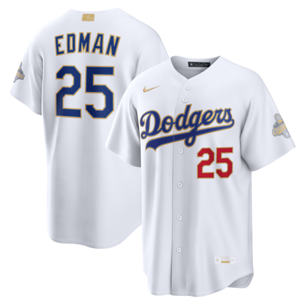 Los Angeles Dodgers #25 Tommy Edman Nike White 2026 Gold Collection Stadium Jersey Los Angeles Dodgers #25 Tommy Edman Nike White 2026 Gold Collection Stadium Jersey