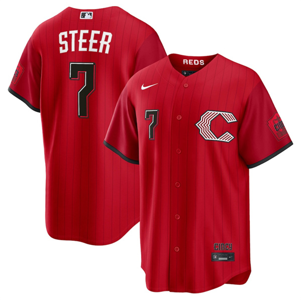 Cincinnati Reds #7 Spencer Steer Red 2026 City Connect Stadium Stitched Baseball Jersey Cincinnati Reds #7 Spencer Steer Red 2026 City Connect Stadium Stitched Baseball Jersey