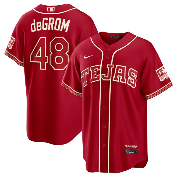 Texas Rangers #48 Jacob deGrom Red 2026 City Connect Stadium Stitched Baseball Jersey Texas Rangers #48 Jacob deGrom Red 2026 City Connect Stadium Stitched Baseball Jersey