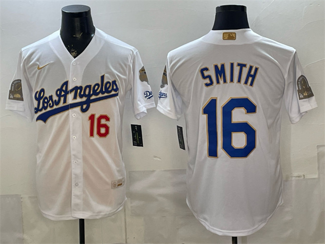 Los Angeles Dodgers #16 Will Smith White 2026 Gold Collection 9x & B2B Champs Patch Stitched Baseball Jersey
