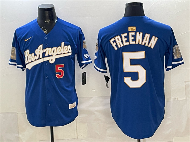 Los Angeles Dodgers #5 Freddie Freeman Royal 2026 Gold Collection 9x & B2B Champs Patch Stitched Baseball Jersey