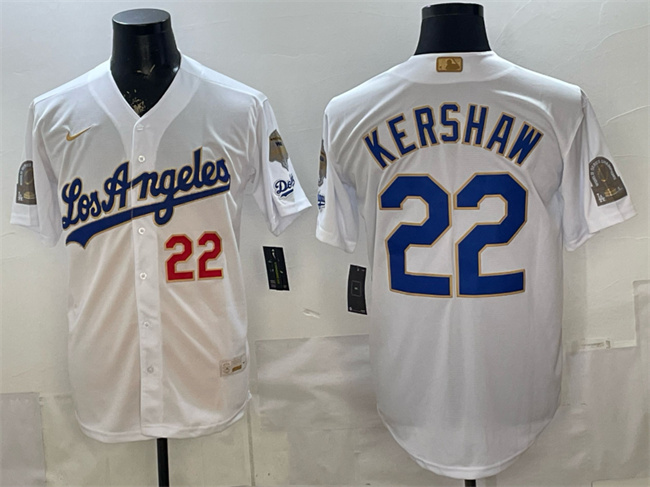 Los Angeles Dodgers #22 Clayton Kershaw White 2026 Gold Collection 9x & B2B Champs Patch Stitched Baseball Jersey
