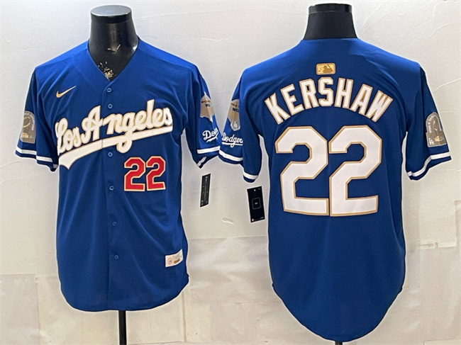 Los Angeles Dodgers #22 Clayton Kershaw Royal 2026 Gold Collection 9x & B2B Champs Patch Stitched Baseball Jersey