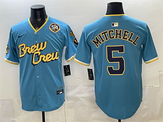 Milwaukee Brewers #5 Garrett Mitchell Powder Blue City Connect With Home & Bob Uecker Patch Limited Stitched Baseball Jersey