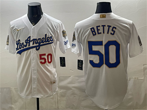 Los Angeles Dodgers #50 Mookie Betts White 2026 Gold Collection 9x & B2B Champs Patch Stitched Baseball Jersey