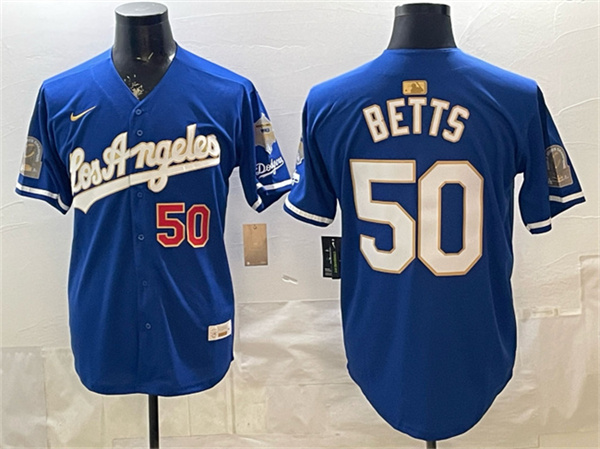 Los Angeles Dodgers #50 Mookie Betts Royal 2026 Gold Collection 9x & B2B Champs Patch Stitched Baseball Jersey