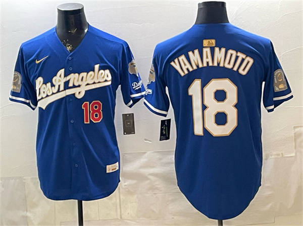 Los Angeles Dodgers #18 Yoshinobu Yamamoto Royal 2026 Gold Collection 9x & B2B Champs Patch Stitched Baseball Jersey