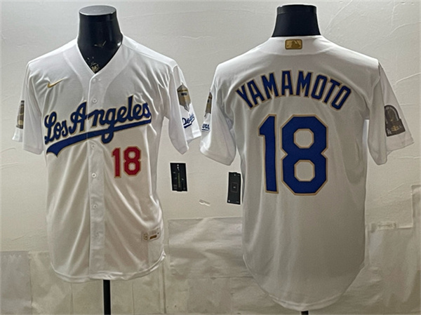 Los Angeles Dodgers #18 Yoshinobu Yamamoto White 2026 Gold Collection 9x & B2B Champs Patch Stitched Baseball Jersey