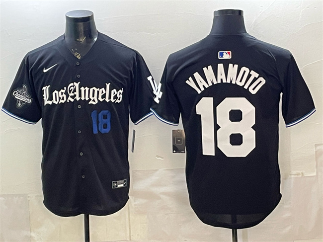 Los Angeles Dodgers #18 Yoshinobu Yamamoto Black 2025 World Series Champions Patch 'Gothic Edition' Vapor Premier Limited Stitched Baseball Jersey