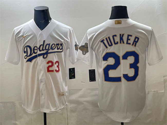 Los Angeles Dodgers #23 Kyle Tucker White 2026 Gold Collection Stadium Stitched Baseball Jersey Los Angeles Dodgers #23 Kyle Tucker White 2026 Gold Collection Stadium Stitched Baseball Jersey