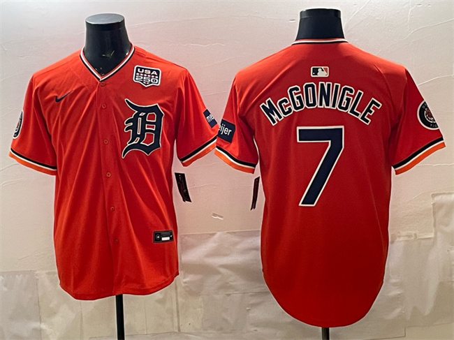Detroit Tigers #7 Kevin McGonigle Orange 2026 Alternate With Meijer Patch & USA 250' Patch Vapor Premier Limited Stitched Baseball Jersey