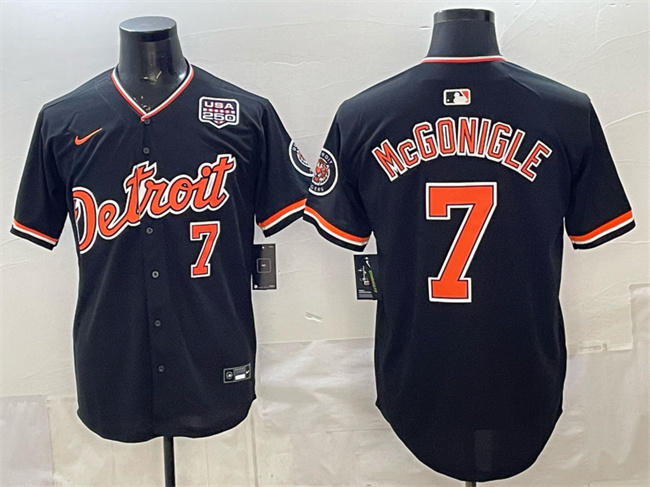 Detroit Tigers #7 Kevin McGonigle Black 2026 Alternate USA 250' Patch Vapor Premier Limited Stitched Baseball Jersey