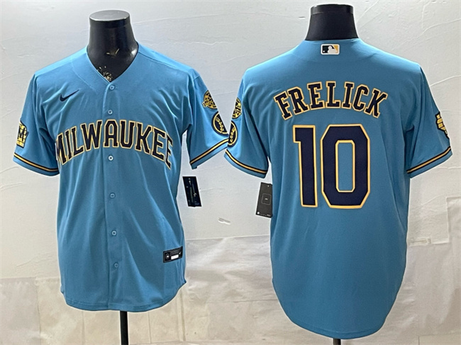 Milwaukee Brewers #10 Sal Frelick Blue With Home & Bob Uecker Patch Stitched Baseball Jersey