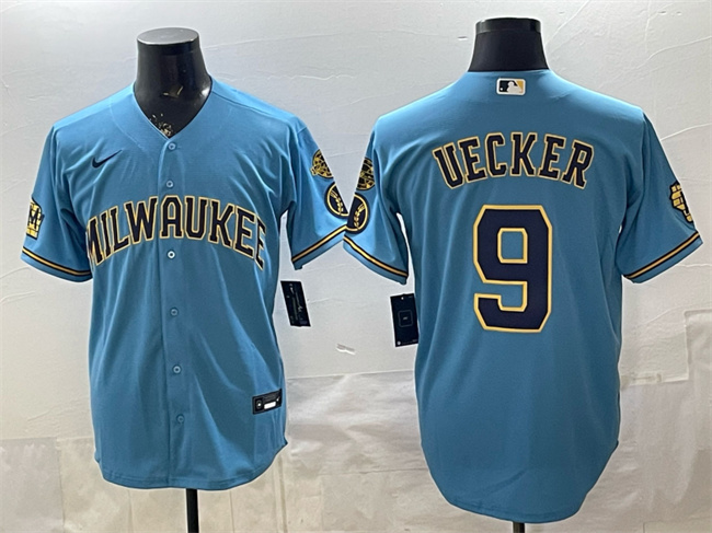 Milwaukee Brewers #9 Bob Uecker Blue With Home & Bob Uecker Patch Stitched Baseball Jersey Milwaukee Brewers #9 Bob Uecker Blue With Home & Bob Uecker Patch Stitched Baseball Jersey