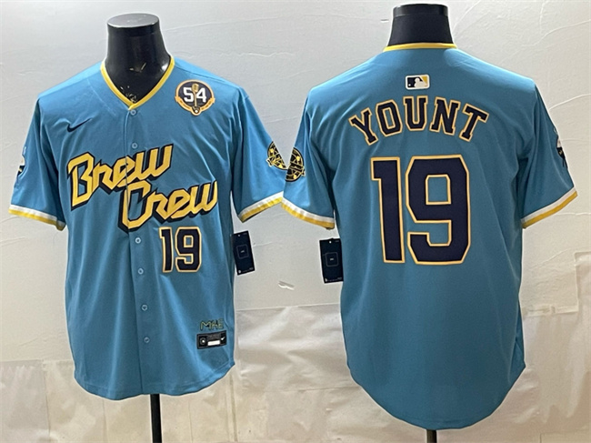 Milwaukee Brewers #19 Robin Yount Powder Blue City Connect With Home & Bob Uecker Patch Limited Stitched Baseball Jersey