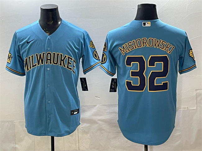 Milwaukee Brewers #32 Jacob Misiorowski Blue With Home & Bob Uecker Patch Stitched Baseball Jersey